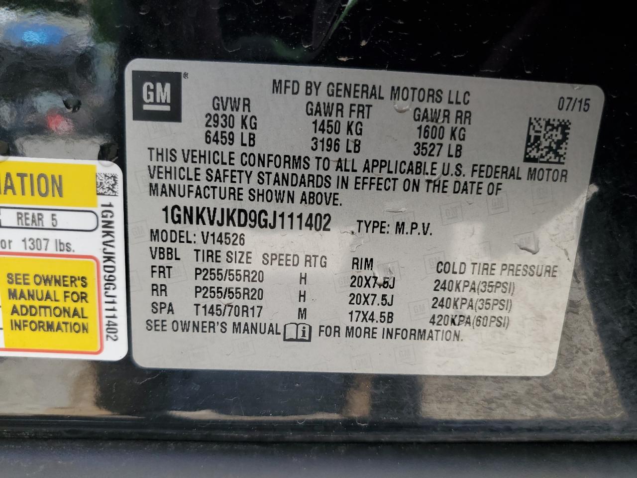 2016 Chevrolet Traverse Ltz VIN: 1GNKVJKD9GJ111402 Lot: 64860675