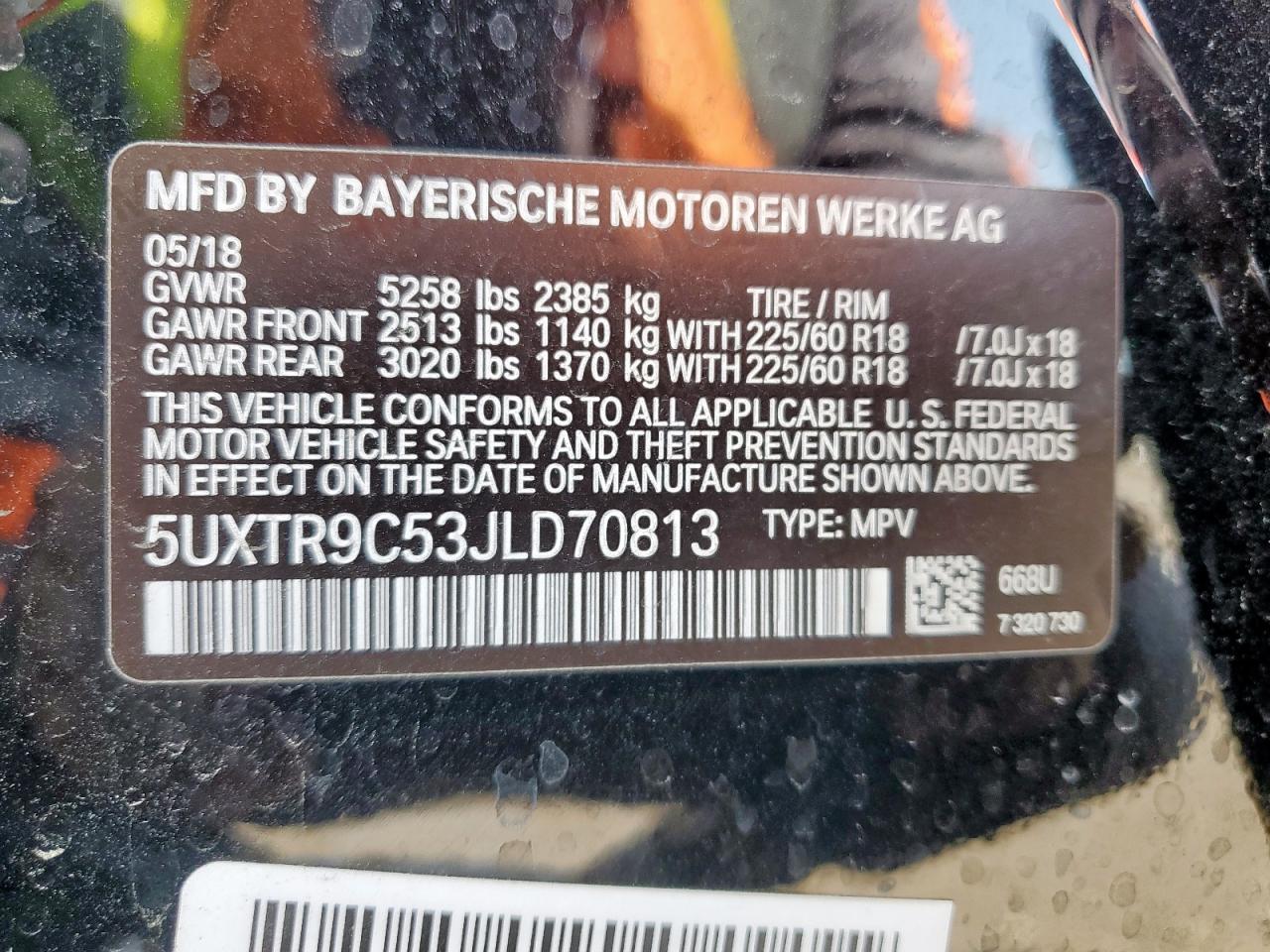 2018 BMW X3 xDrive30I VIN: 5UXTR9C53JLD70813 Lot: 64484905
