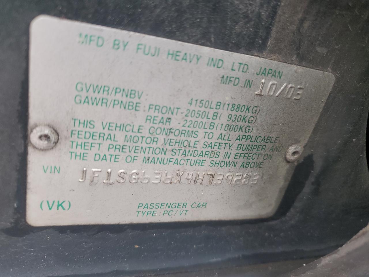 2004 Subaru Forester 2.5X VIN: JF1SG636X4H739283 Lot: 62654915