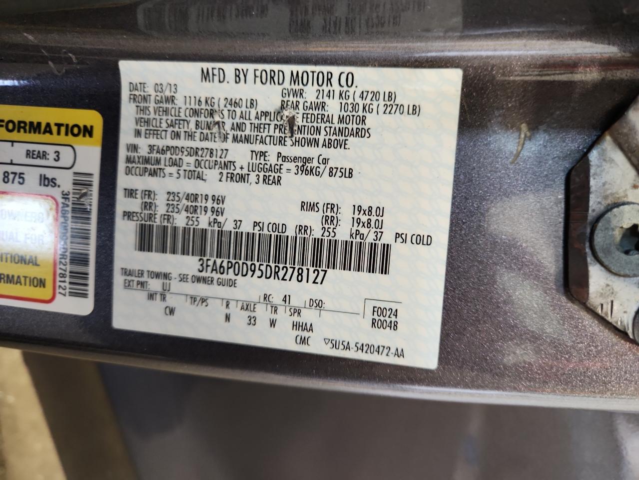 2013 Ford Fusion Titanium VIN: 3FA6P0D95DR278127 Lot: 65244135