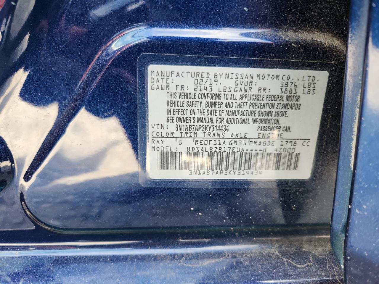 2019 Nissan Sentra S VIN: 3N1AB7AP3KY314434 Lot: 65222255
