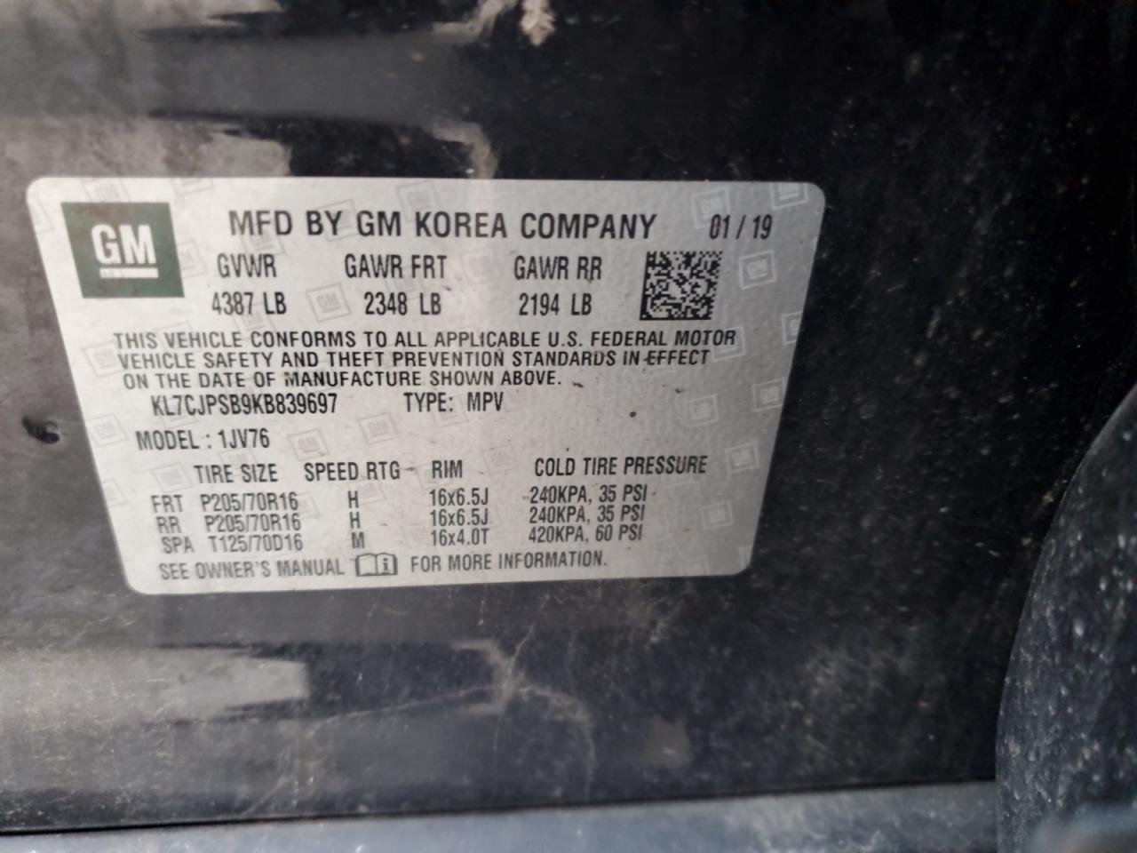 2019 Chevrolet Trax 1Lt VIN: KL7CJPSB9KB839697 Lot: 63668755