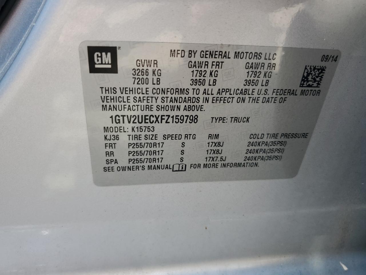 2015 GMC Sierra K1500 Sle VIN: 1GTV2UECXFZ159798 Lot: 64680715
