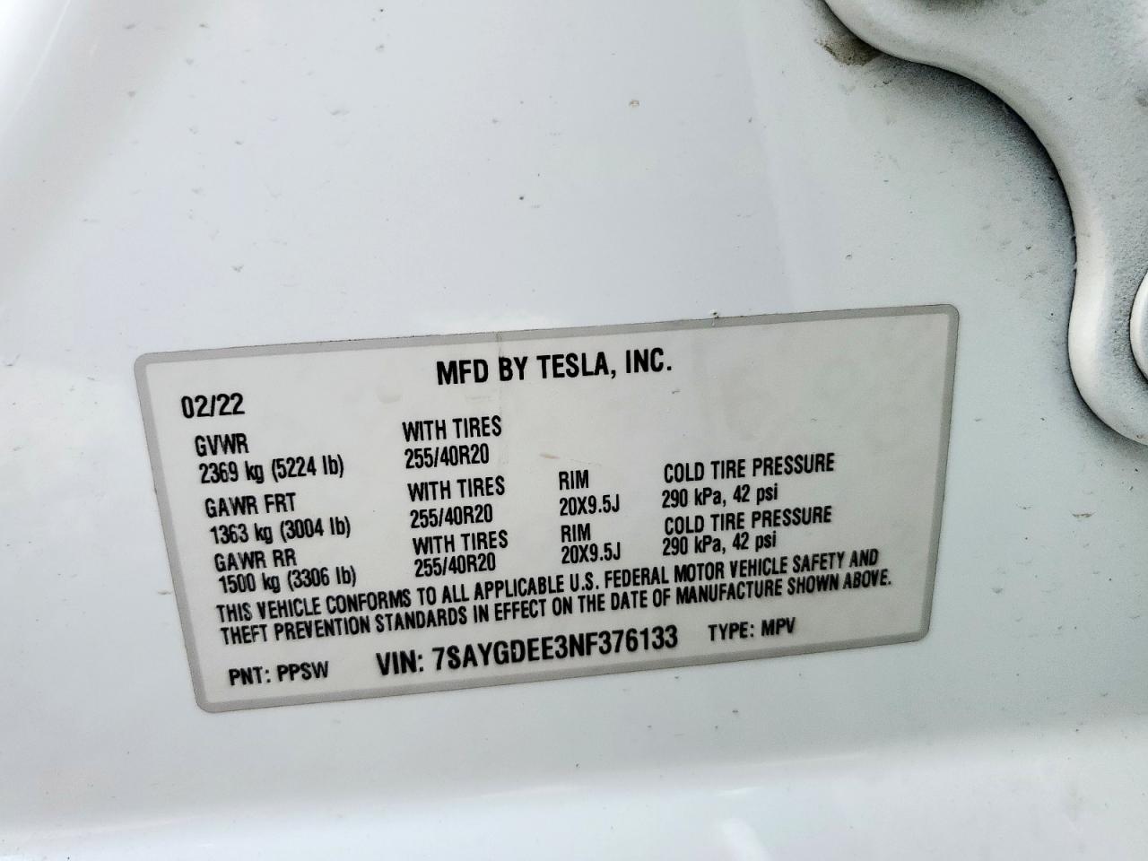 2022 Tesla Model Y VIN: 7SAYGDEE3NF376133 Lot: 63493155
