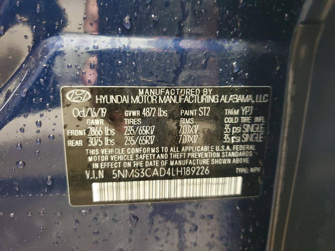 2020 Hyundai Santa Fe Sel VIN: 5NMS3CAD4LH189226 Lot: 63009715