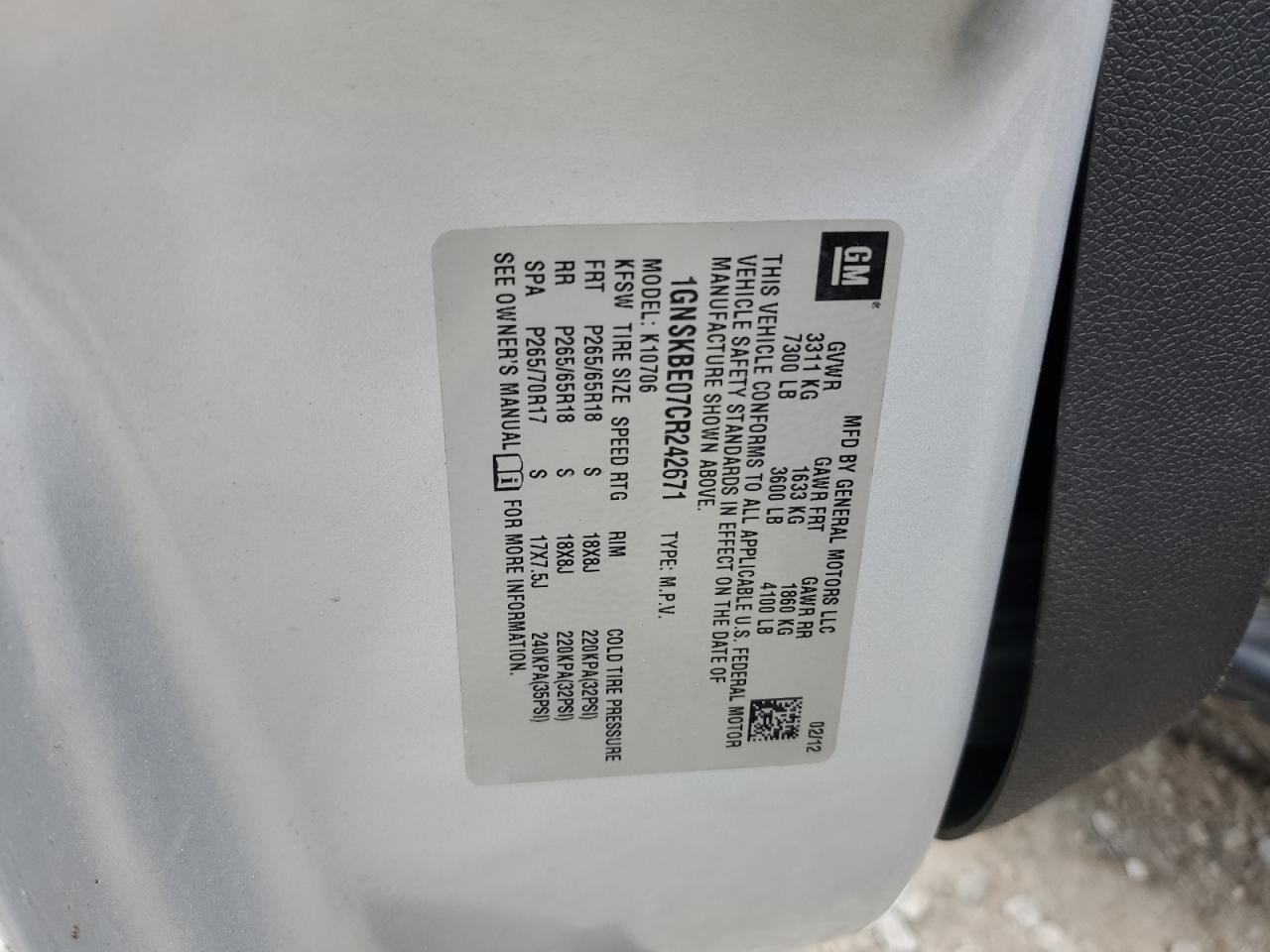 2012 Chevrolet Tahoe K1500 Lt VIN: 1GNSKBE07CR242671 Lot: 66139225