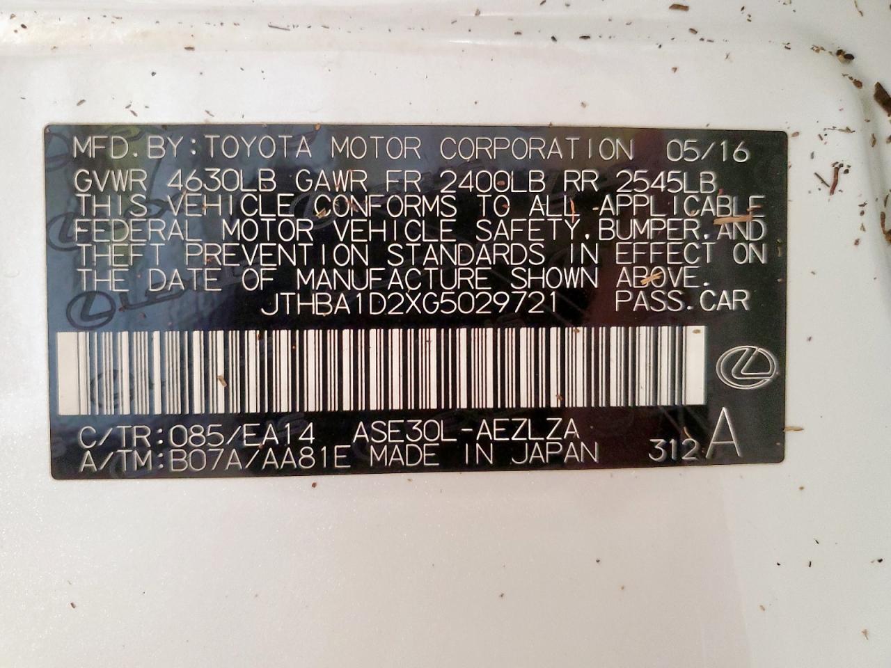 2016 Lexus Is 200T VIN: JTHBA1D2XG5029721 Lot: 64107385