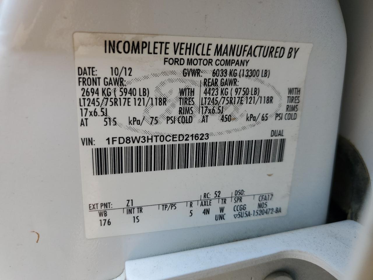 2012 Ford F350 Super Duty VIN: 1FD8W3HT0CED21623 Lot: 64291425