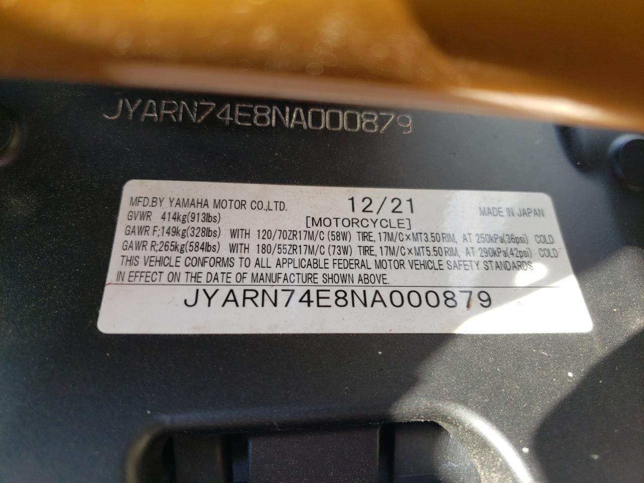 2022 Yamaha Mtt09 Gt VIN: JYARN74E8NA000879 Lot: 66645065