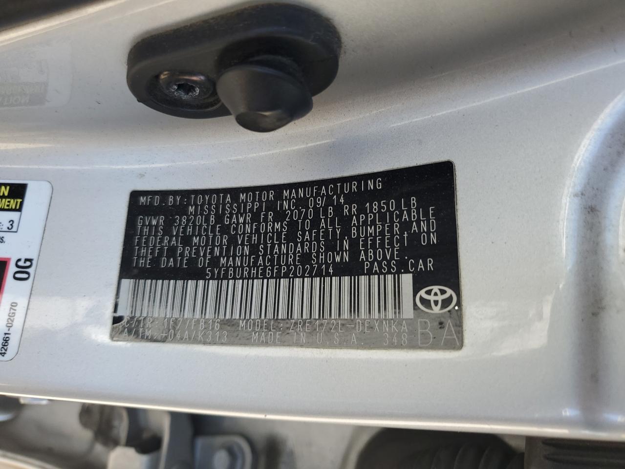 2015 Toyota Corolla L VIN: 5YFBURHE6FP202714 Lot: 64887335