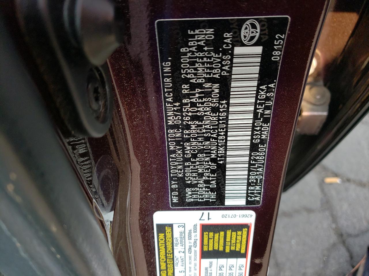 2014 Toyota Avalon Base VIN: 4T1BK1EB4EU116154 Lot: 66476745
