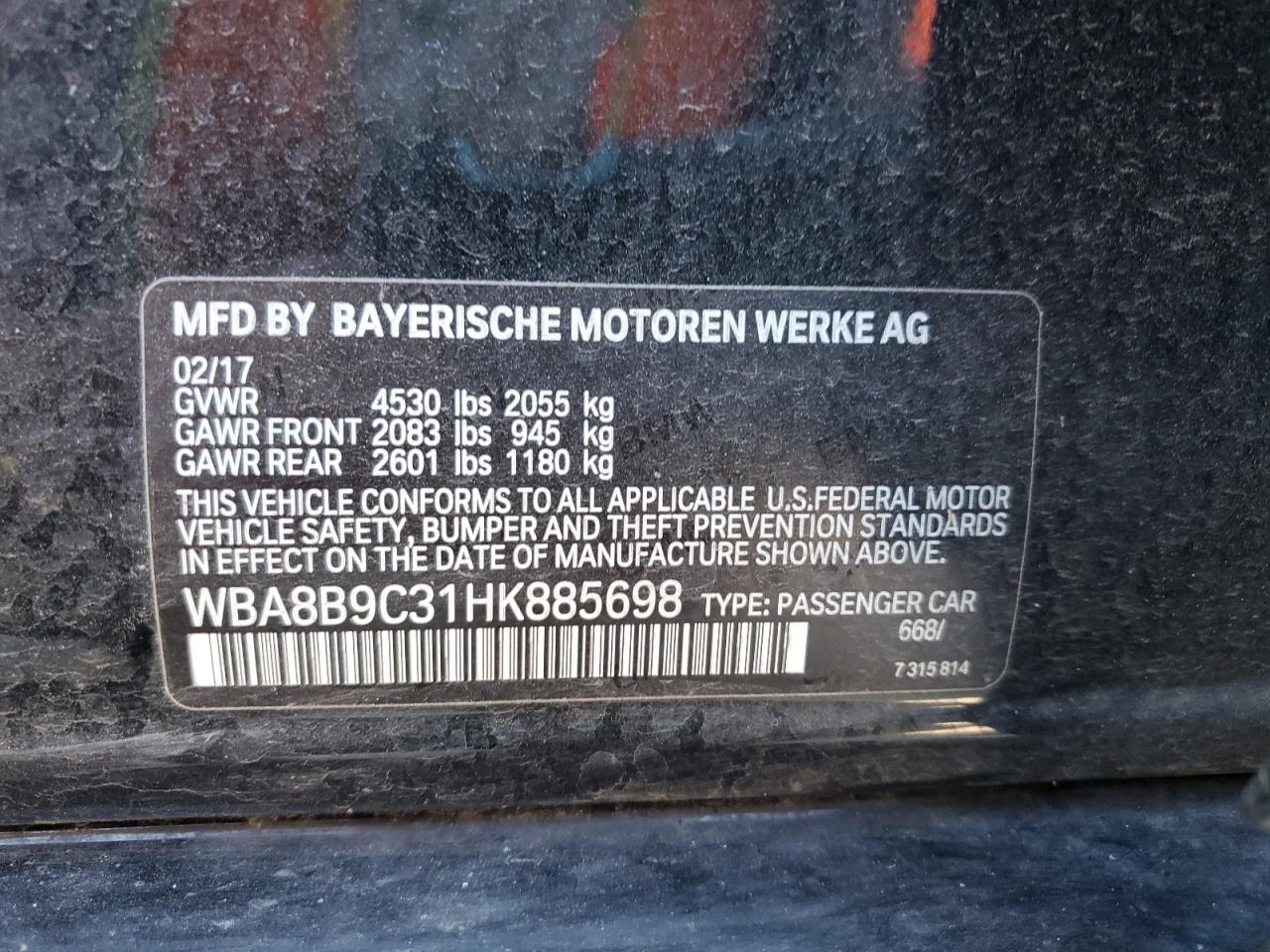 2017 BMW 330 I VIN: WBA8B9C31HK885698 Lot: 64781115