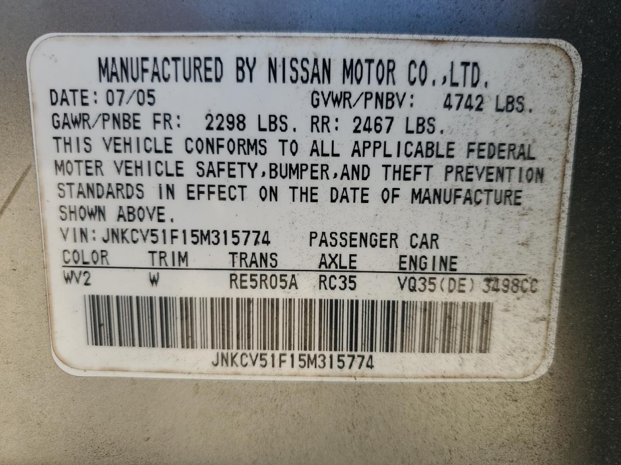 2005 Infiniti G35 VIN: JNKCV51F15M315774 Lot: 65253395