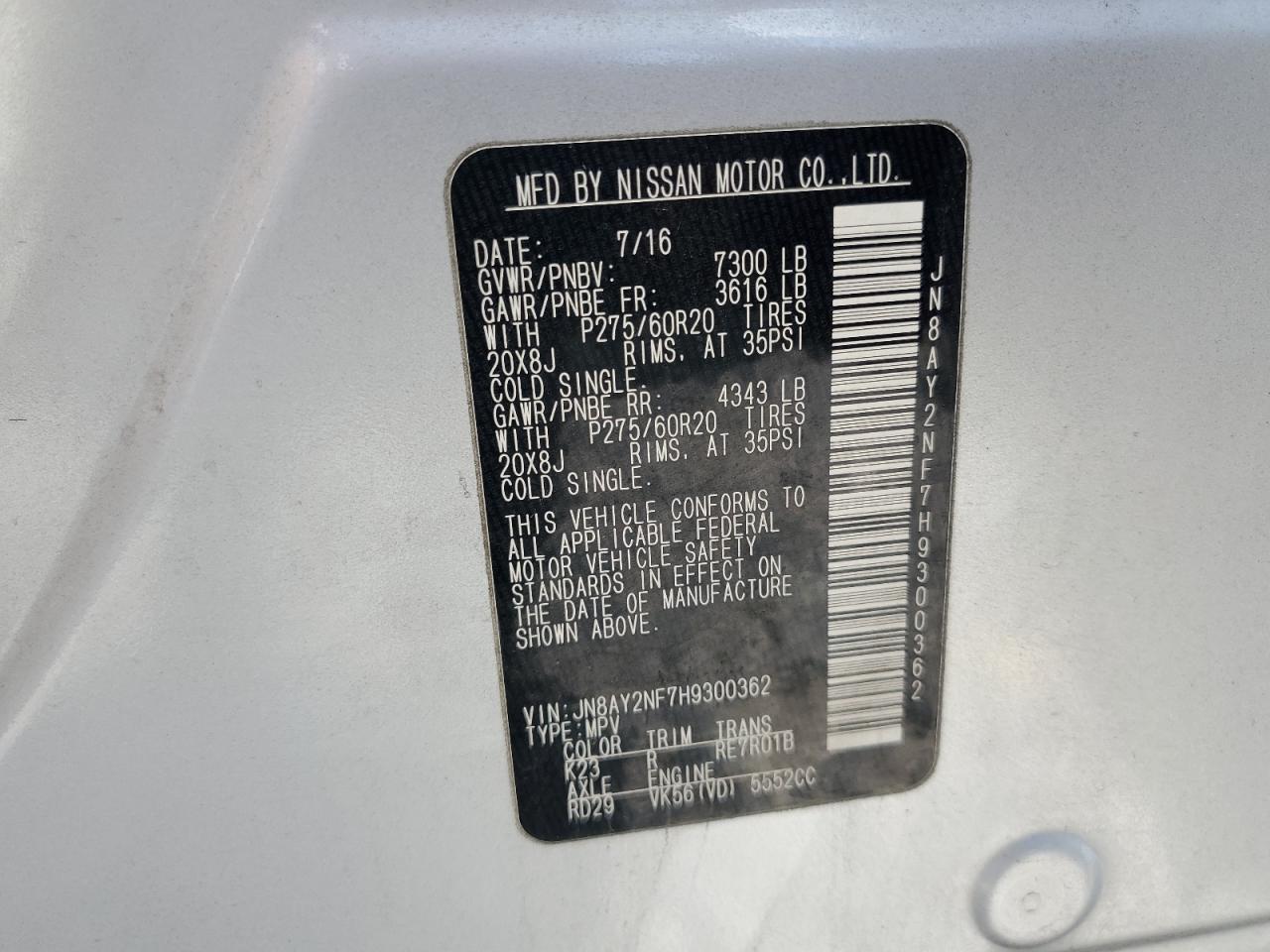 2017 Nissan Armada Platinum VIN: JN8AY2NF7H9300362 Lot: 64735315
