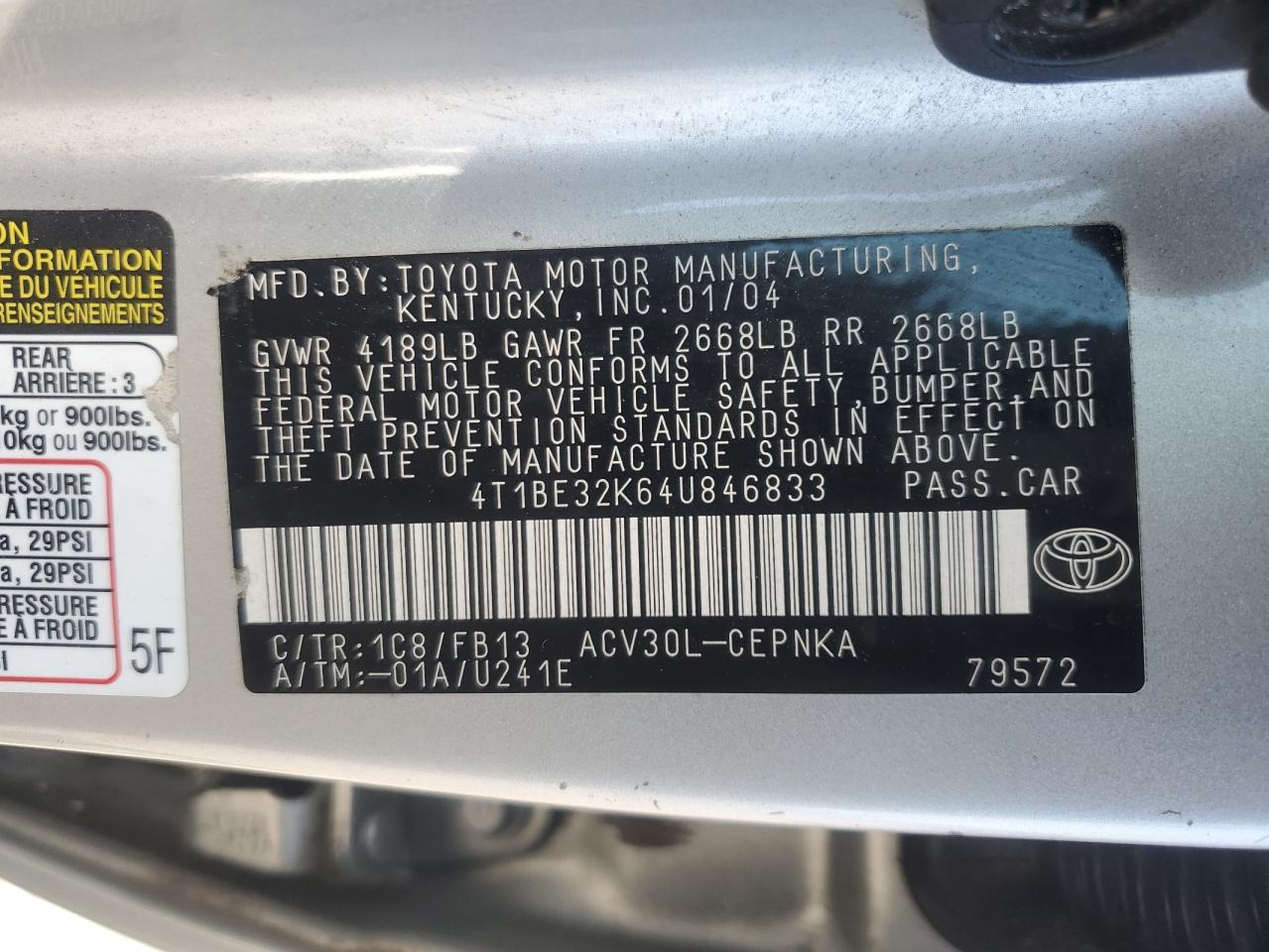 2004 Toyota Camry Le VIN: 4T1BE32K64U846833 Lot: 65512825