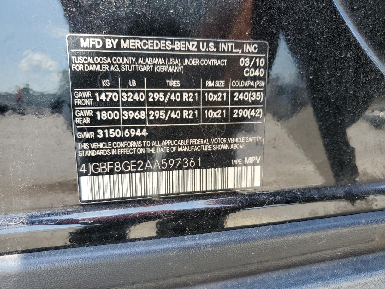 2010 Mercedes-Benz Gl 550 4Matic VIN: 4JGBF8GE2AA597361 Lot: 64978725