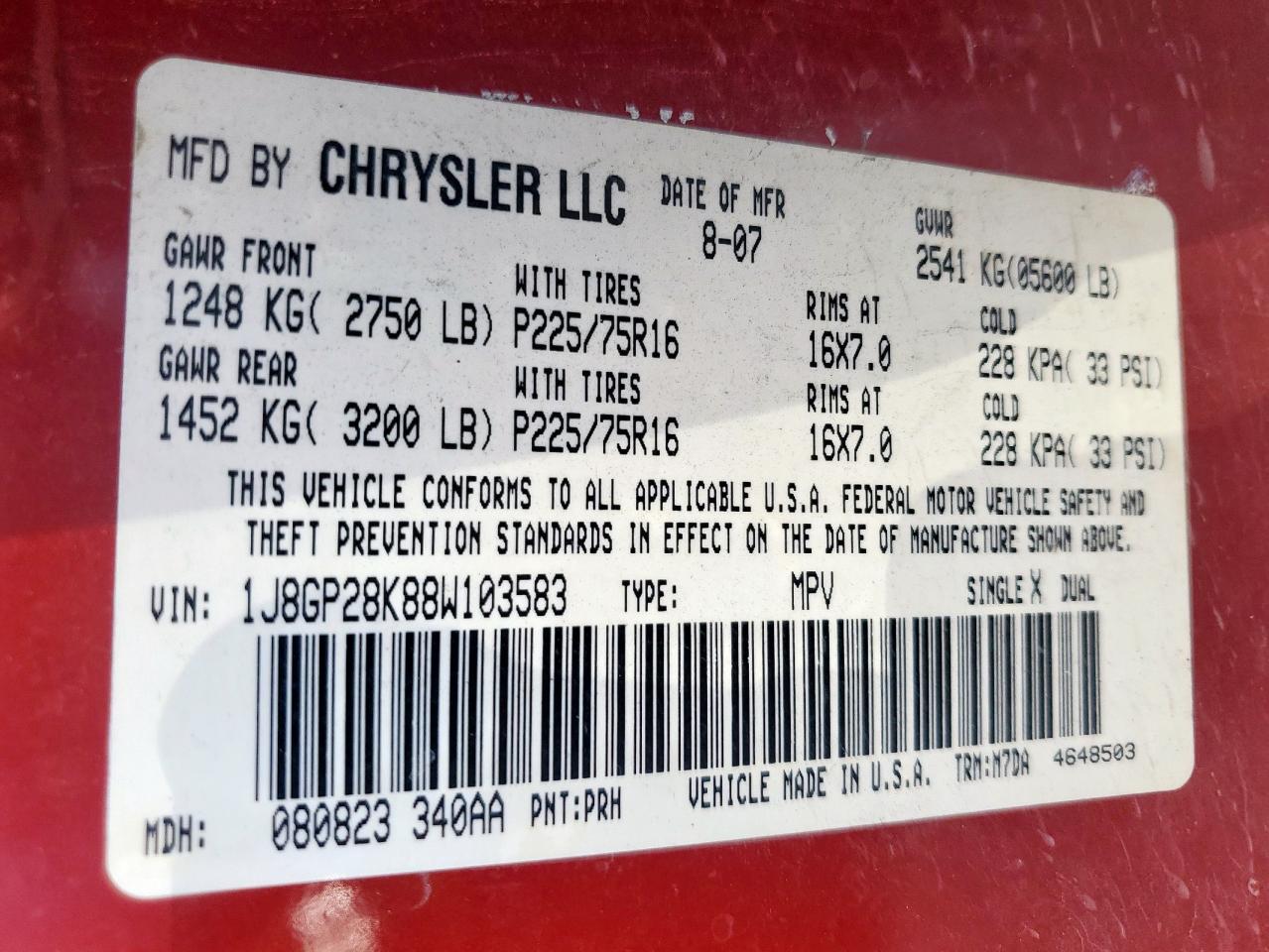 2008 Jeep Liberty Sport VIN: 1J8GP28K88W103583 Lot: 65743115