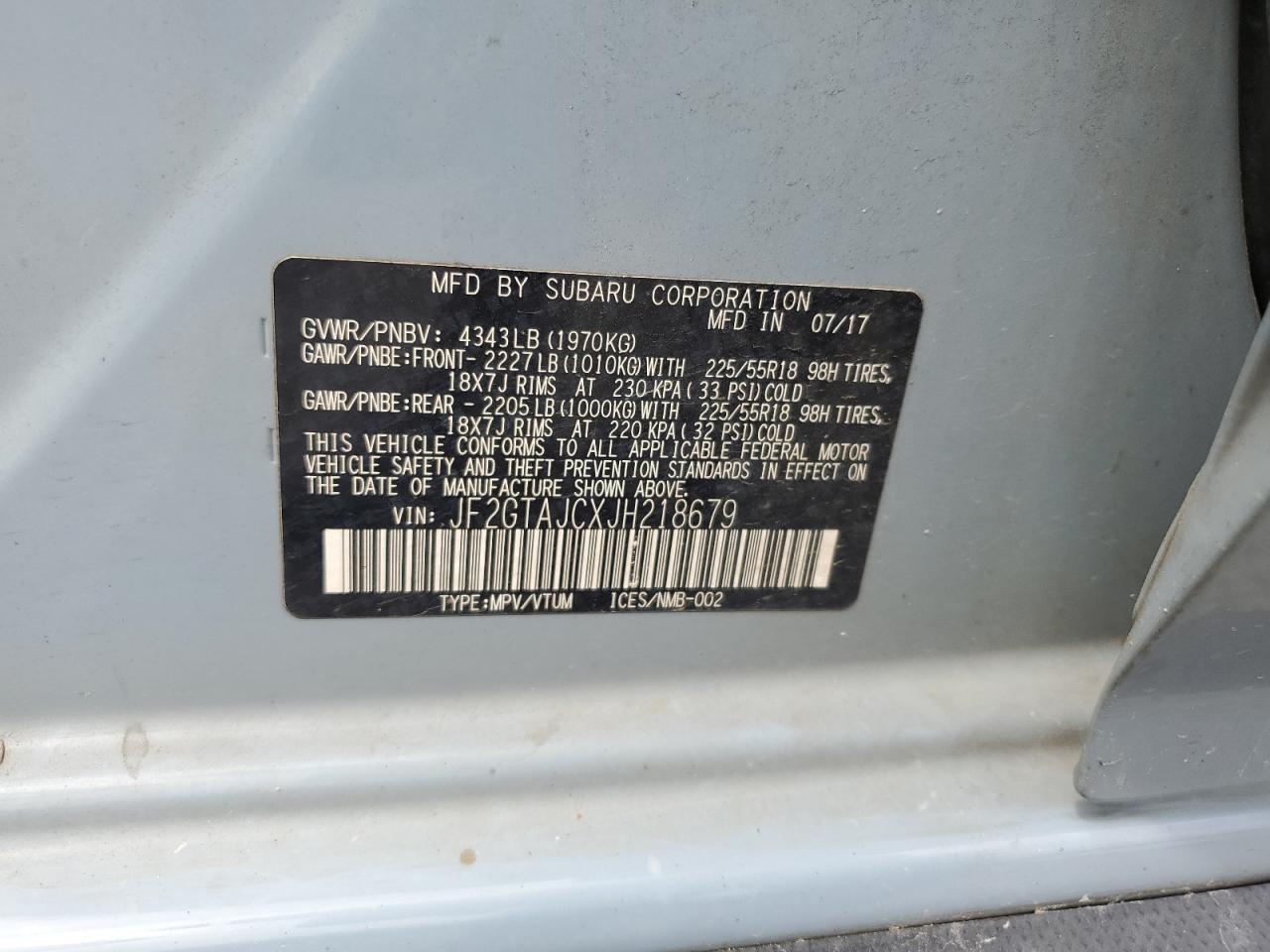 2018 Subaru Crosstrek Limited VIN: JF2GTAJCXJH218679 Lot: 64428095