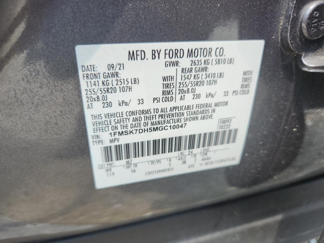 2021 Ford Explorer Xlt VIN: 1FMSK7DH5MGC10047 Lot: 63407775