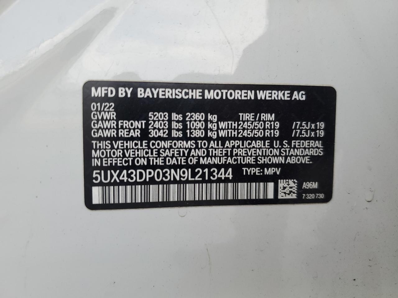 2022 BMW X3 Sdrive30I VIN: 5UX43DP03N9L21344 Lot: 63614885