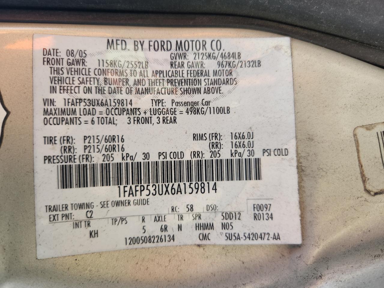 2006 Ford Taurus Se VIN: 1FAFP53UX6A159814 Lot: 62556405