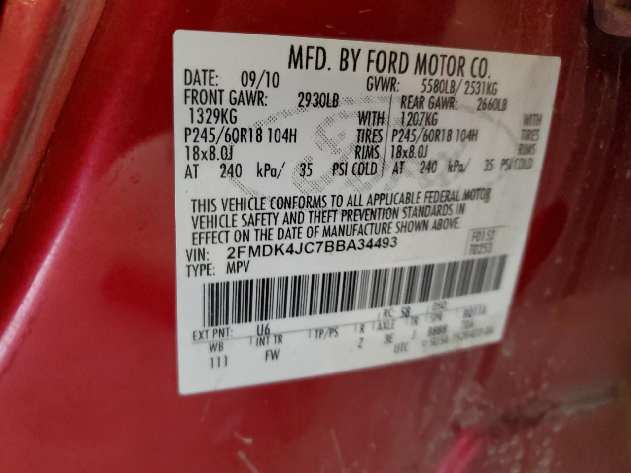 2011 Ford Edge Sel VIN: 2FMDK4JC7BBA34493 Lot: 65234285