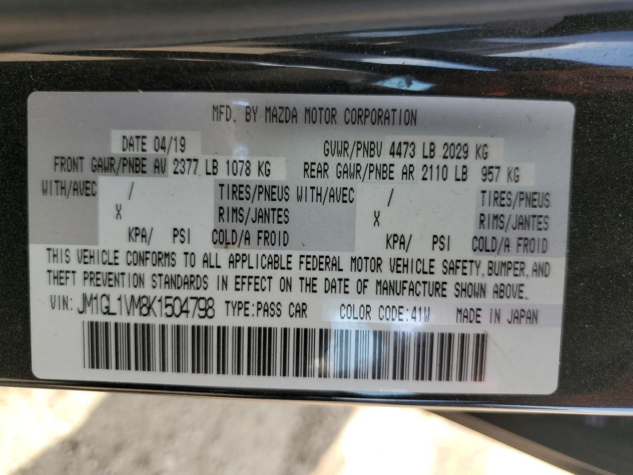 2019 Mazda 6 Touring VIN: JM1GL1VM8K1504798 Lot: 63226335