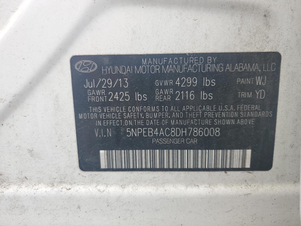 2013 Hyundai Sonata Gls VIN: 5NPEB4AC8DH786008 Lot: 63803795