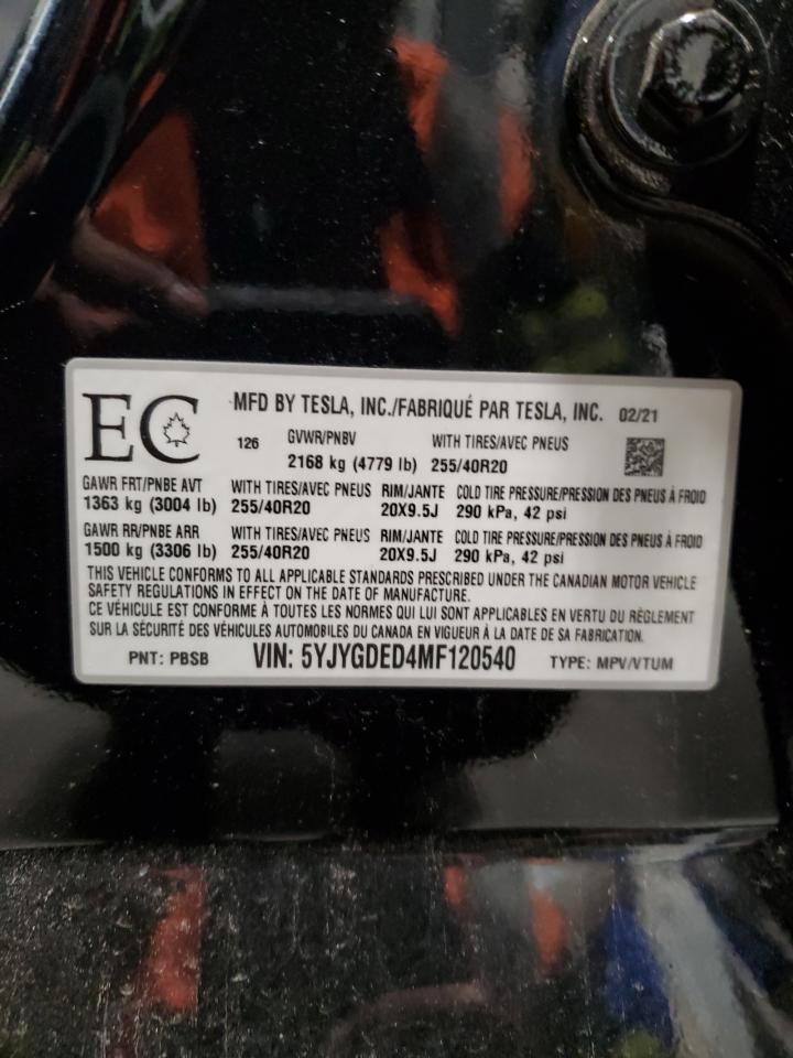 2021 Tesla Model Y VIN: 5YJYGDED4MF120540 Lot: 64624235