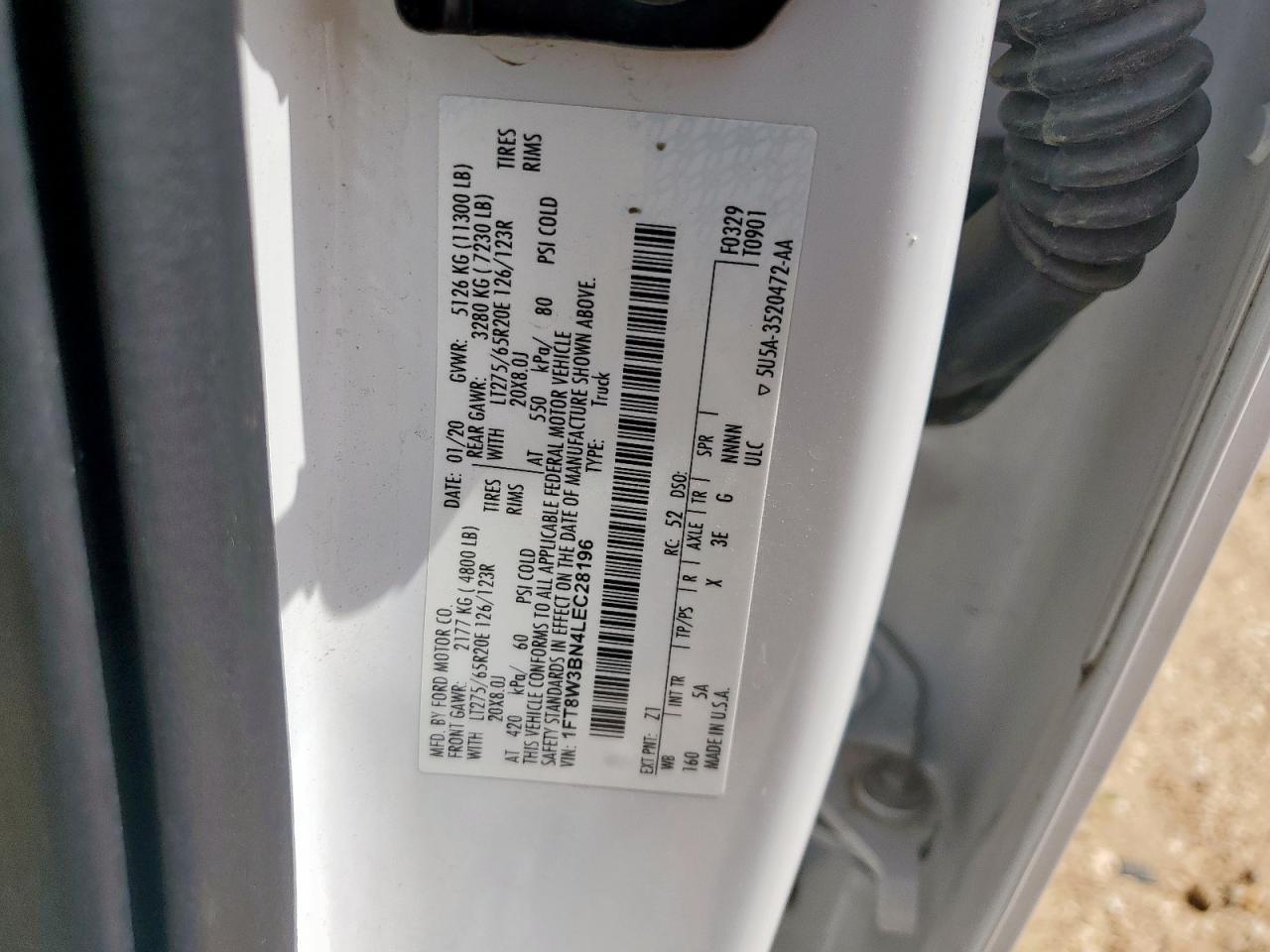2020 Ford F350 Super Duty VIN: 1FT8W3BN4LEC28196 Lot: 63982655