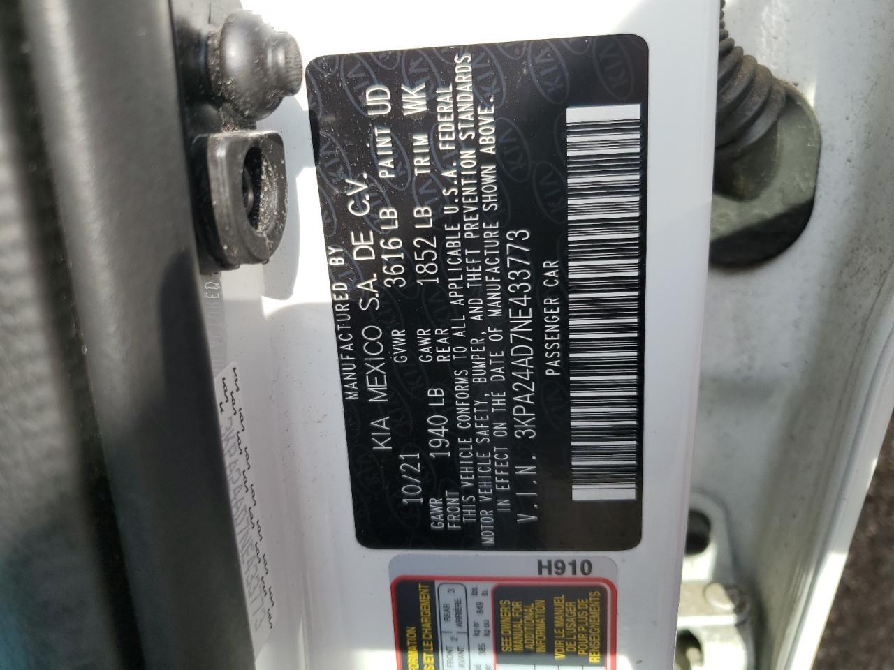 2022 Kia Rio Lx VIN: 3KPA24AD7NE433773 Lot: 63976775