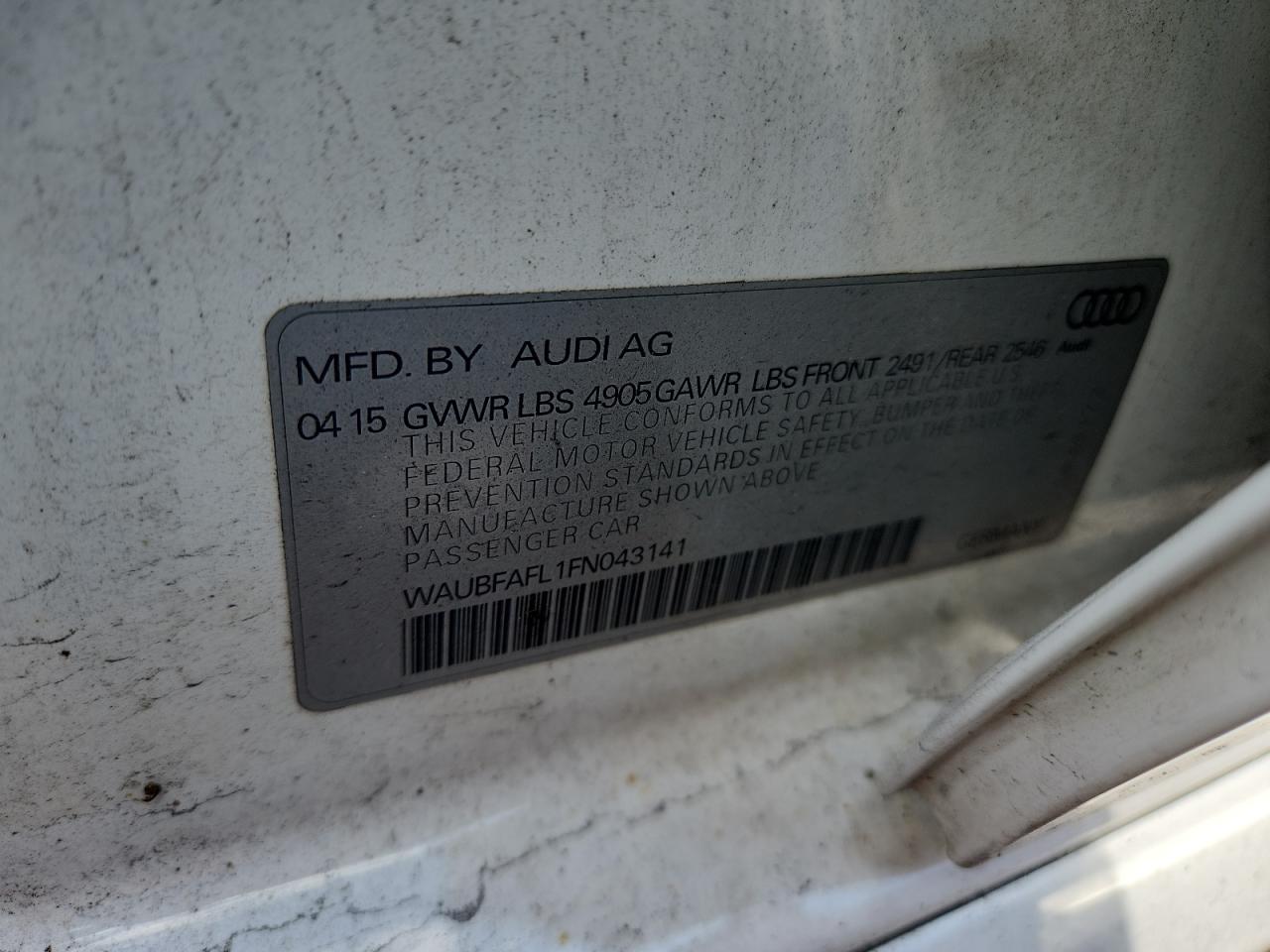 2015 Audi A4 Premium VIN: WAUBFAFL1FN043141 Lot: 64381355