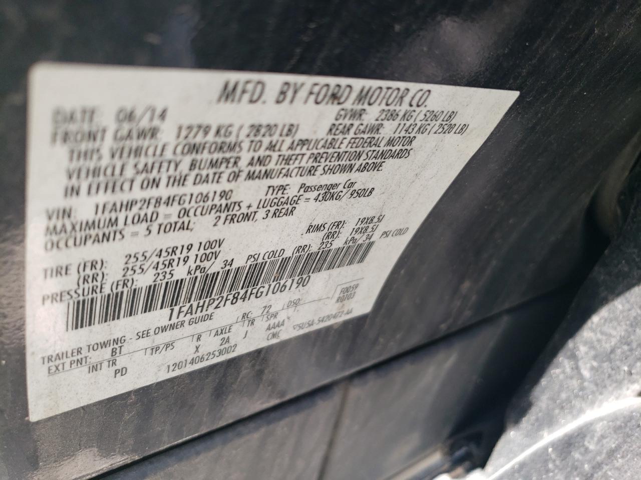 2015 Ford Taurus Limited VIN: 1FAHP2F84FG106190 Lot: 62664015