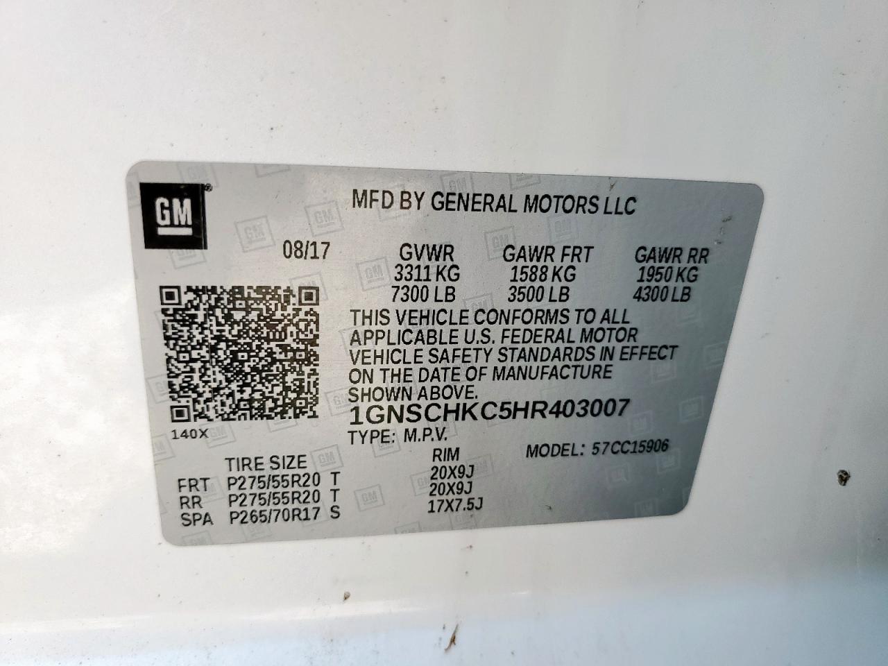 2017 Chevrolet Suburban C1500 Lt VIN: 1GNSCHKC5HR403007 Lot: 64304975