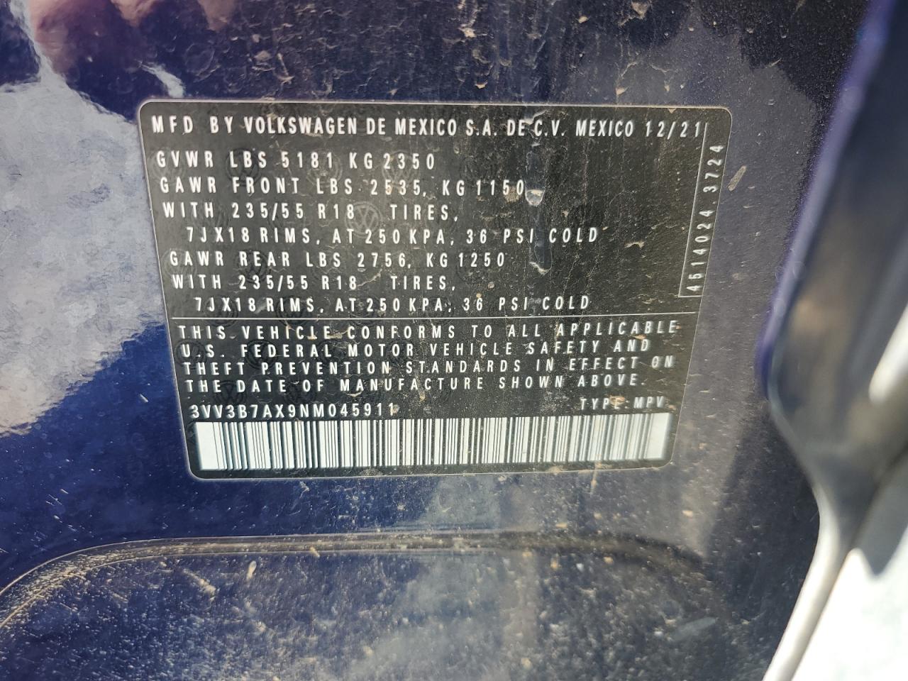 2022 Volkswagen Tiguan Se VIN: 3VV3B7AX9NM045911 Lot: 66607955