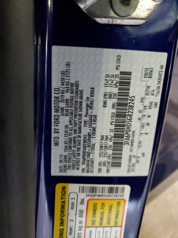 2016 Ford Fusion Se VIN: 3FA6P0HD5GR238245 Lot: 65356265
