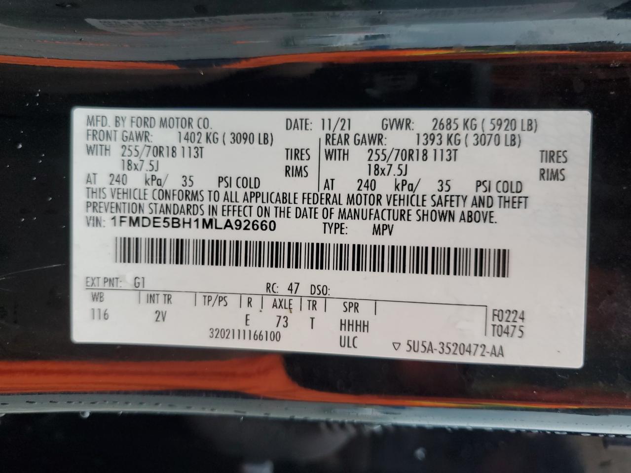 2021 Ford Bronco Base VIN: 1FMDE5BH1MLA92660 Lot: 63406675