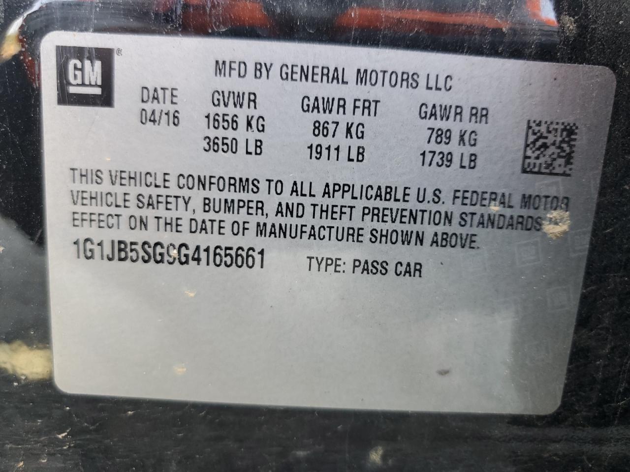 2016 Chevrolet Sonic Ls VIN: 1G1JB5SG9G4165661 Lot: 65093875