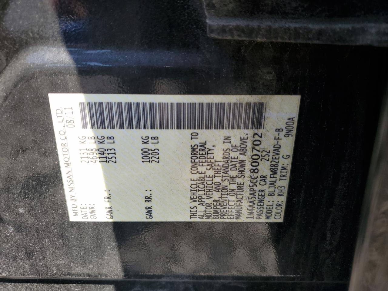 1N4AA5AP5CC800702 2012 Nissan Maxima S