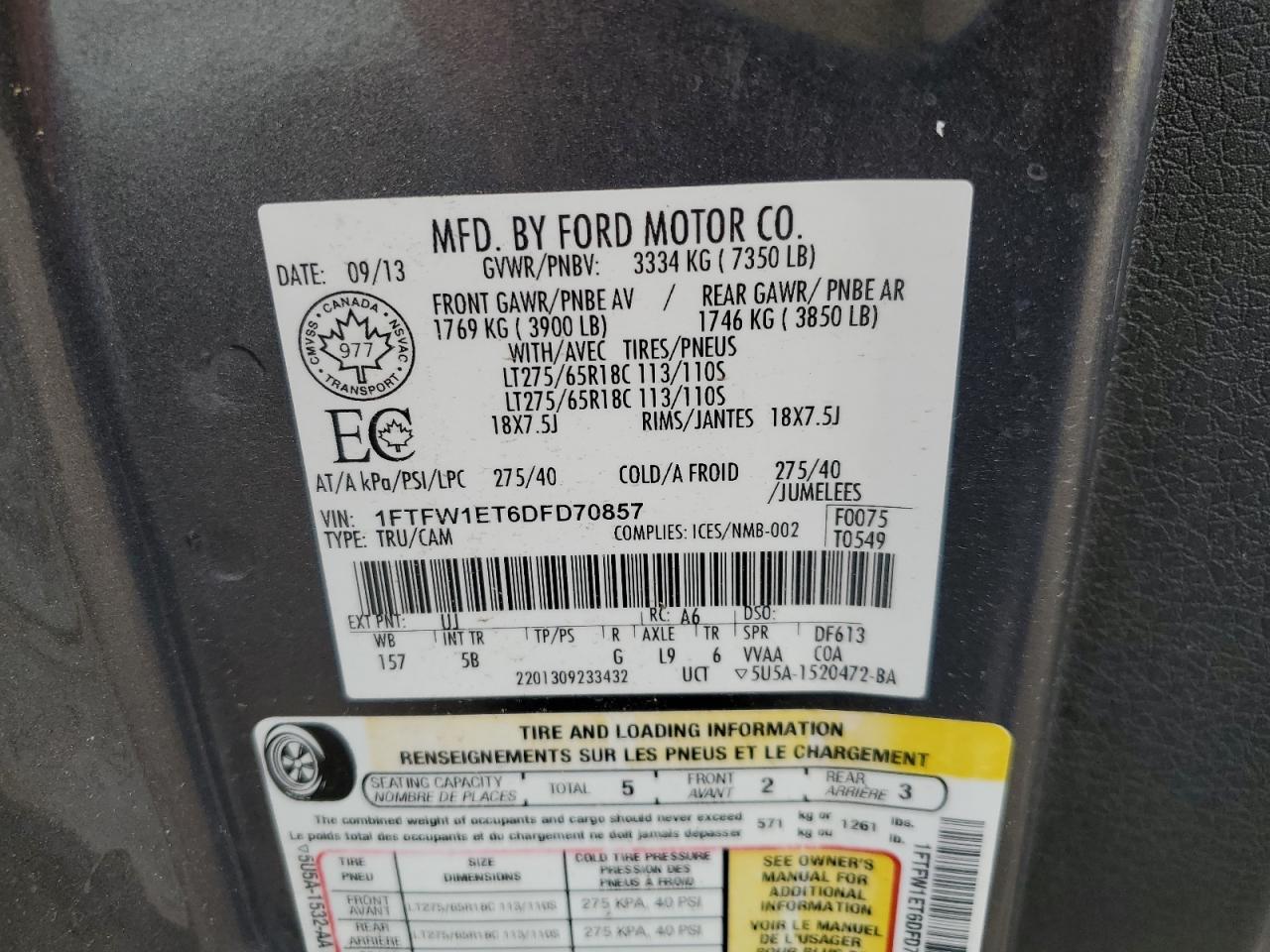 2013 Ford F150 Supercrew VIN: 1FTFW1ET6DFD70857 Lot: 65381525