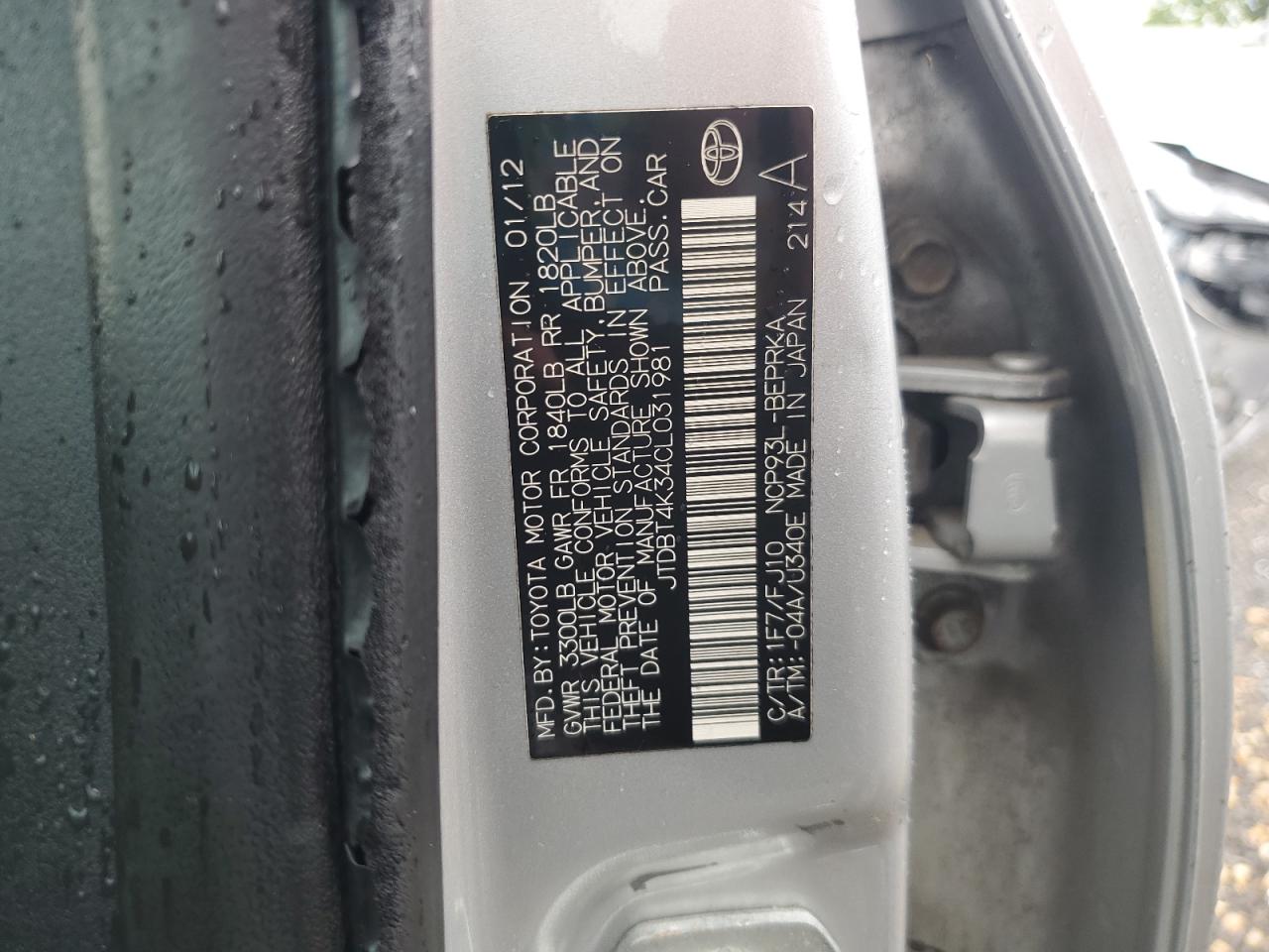 2012 Toyota Yaris VIN: JTDBT4K34CL031981 Lot: 63404485