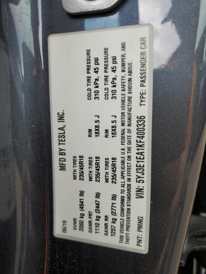 2019 Tesla Model 3 VIN: 5YJ3E1EA1KF400336 Lot: 65906055