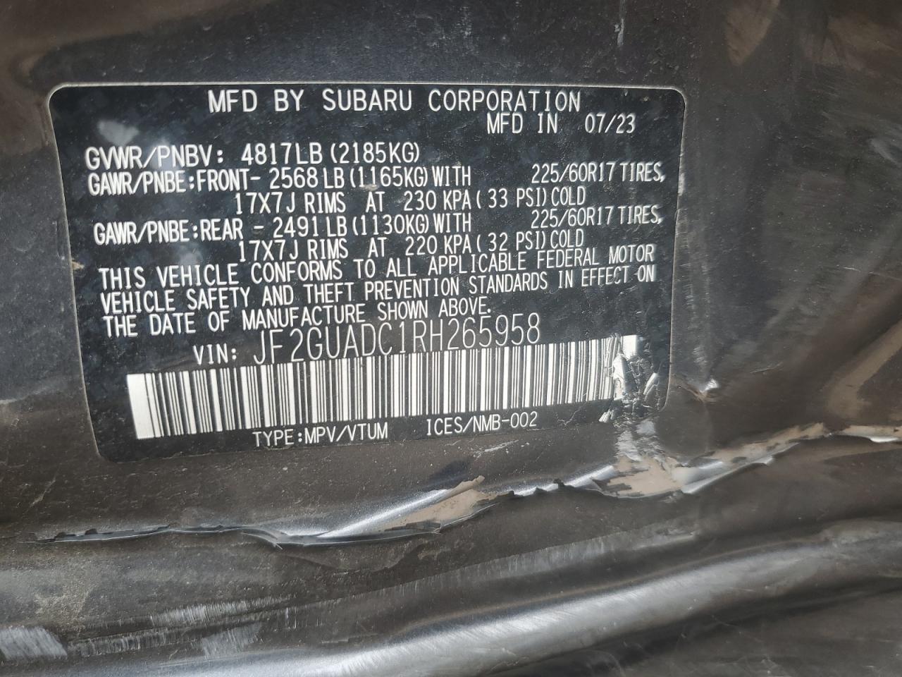 2024 Subaru Crosstrek Premium VIN: JF2GUADC1RH265958 Lot: 66688805