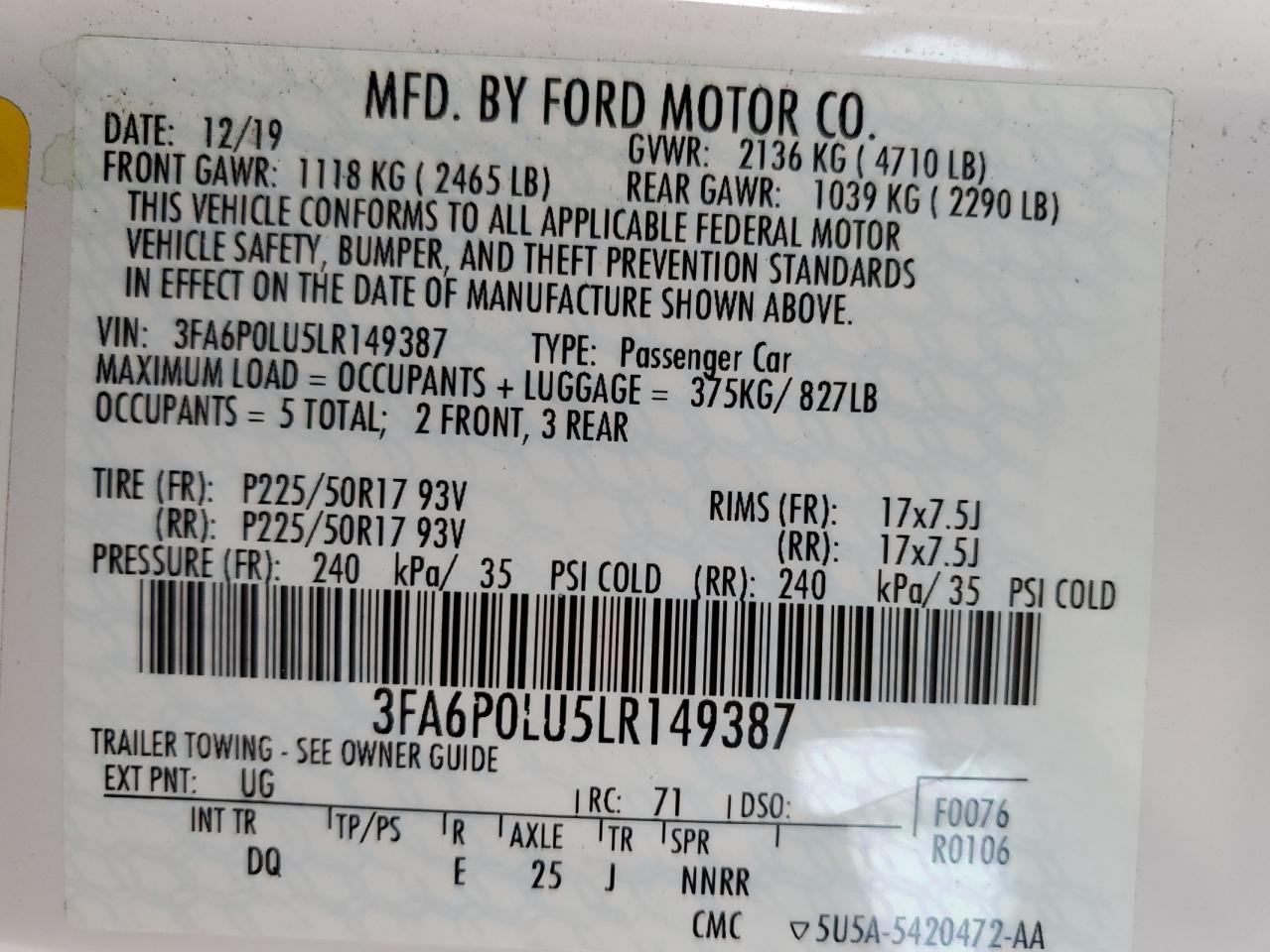 2020 Ford Fusion Se VIN: 3FA6P0LU5LR149387 Lot: 60156785