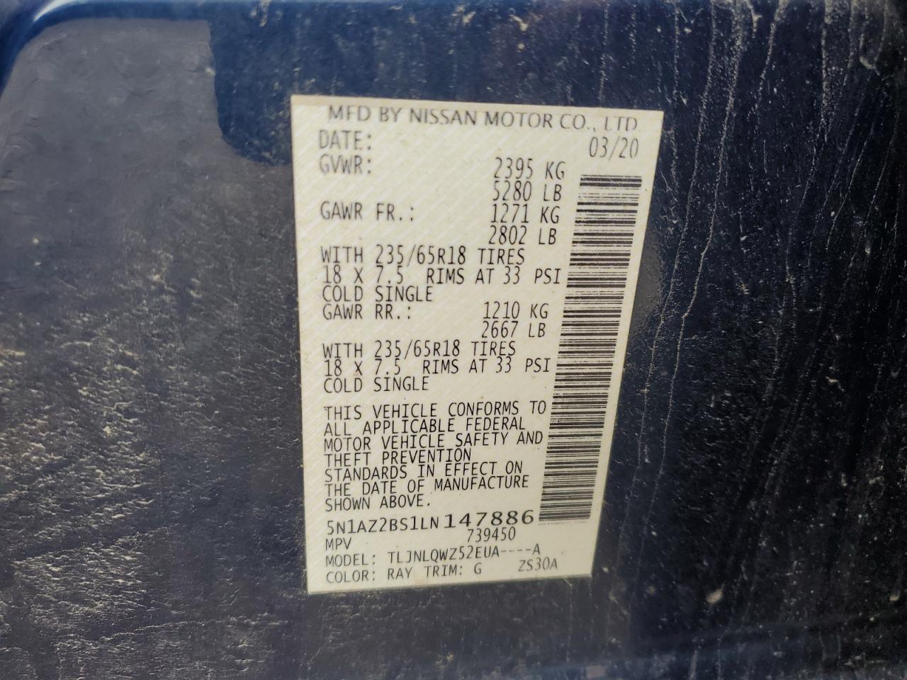 2020 Nissan Murano Sv VIN: 5N1AZ2BS1LN147886 Lot: 65575875