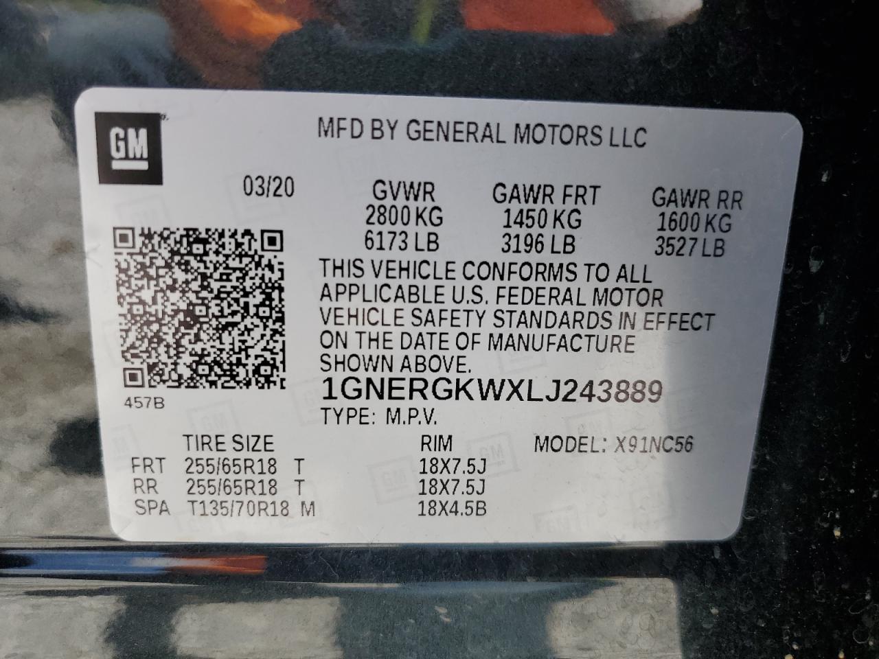 2020 Chevrolet Traverse Lt VIN: 1GNERGKWXLJ243889 Lot: 63418965