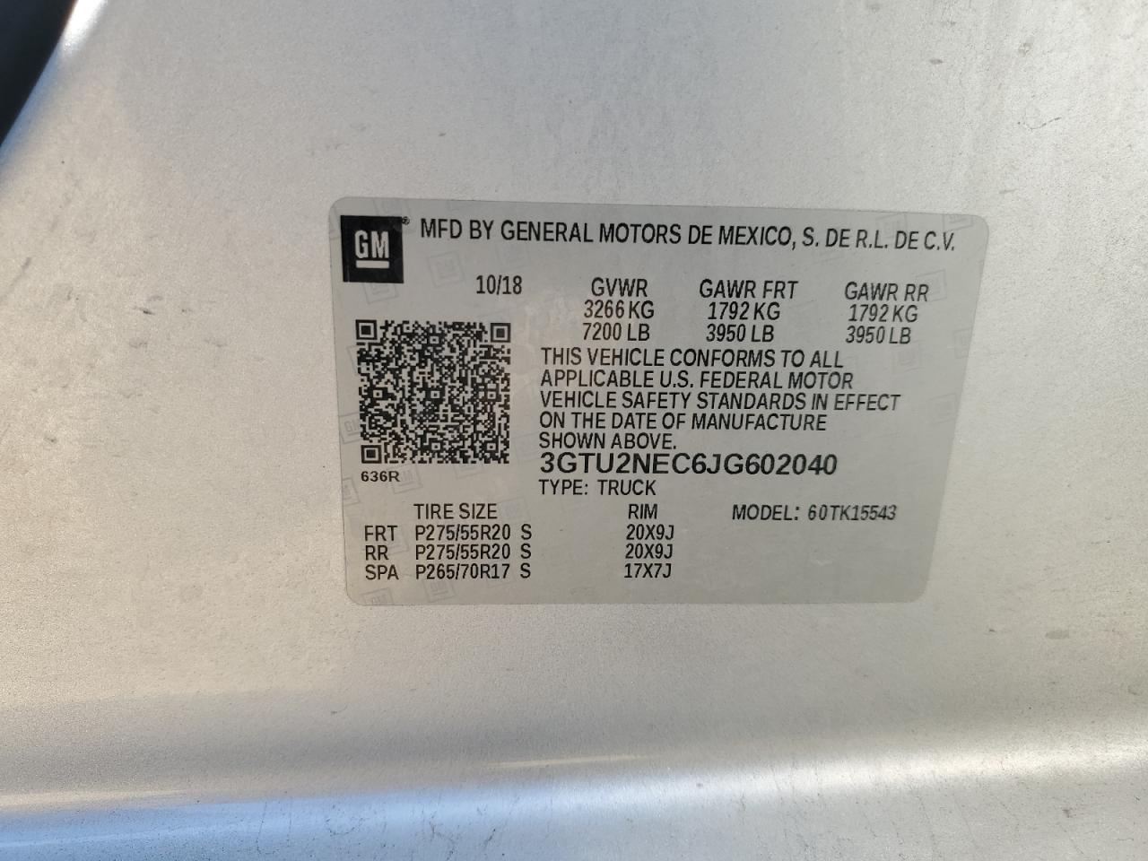 2018 GMC Sierra K1500 Slt VIN: 3GTU2NEC6JG602040 Lot: 61049375
