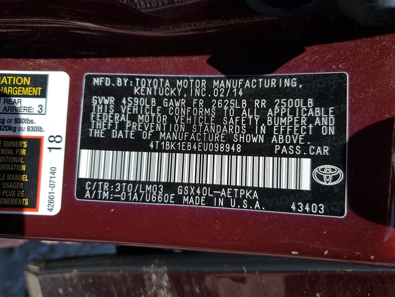 2014 Toyota Avalon Base VIN: 4T1BK1EB4EU098948 Lot: 65711175