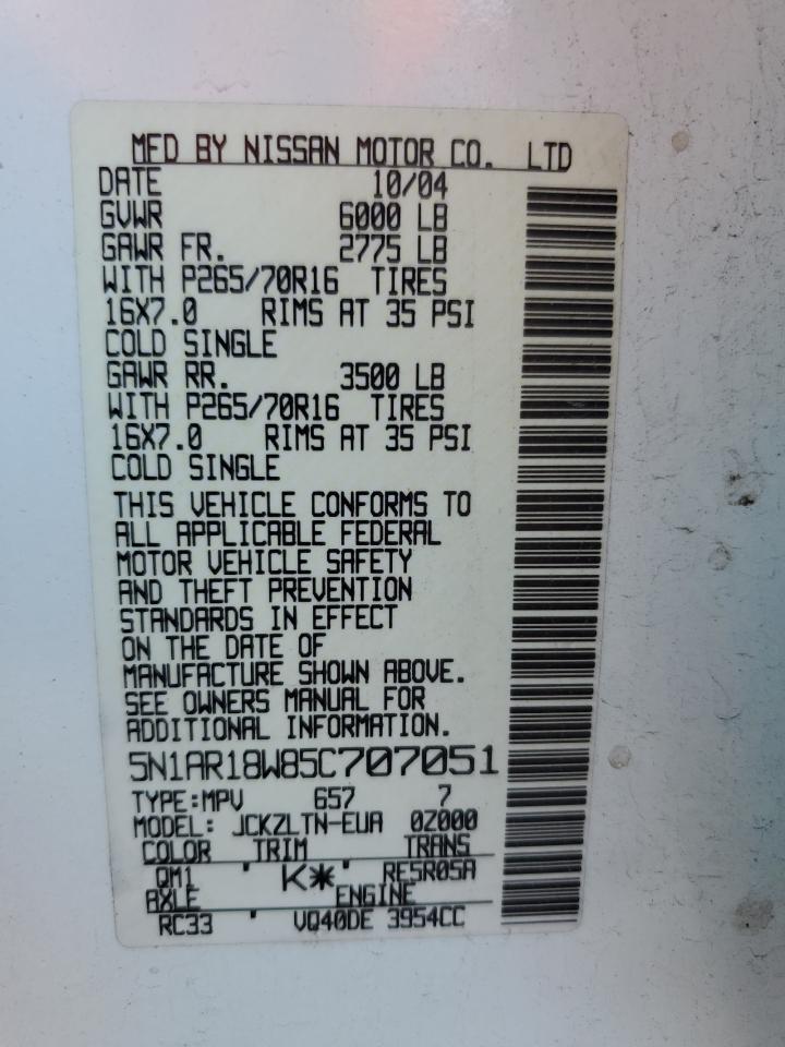 2005 Nissan Pathfinder Le VIN: 5N1AR18W85C707051 Lot: 63449915