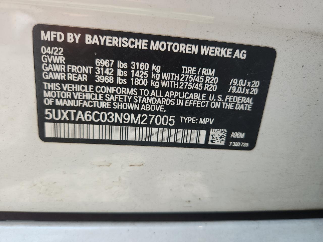2022 BMW X5 xDrive45E VIN: 5UXTA6C03N9M27005 Lot: 64242535